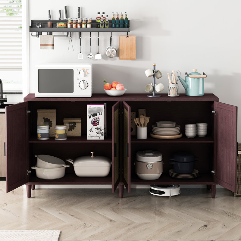 Armoire de rangement 69,4 po de couleur brune avec tablettes réglables et pieds en bois massif, idéale pour le buffet de la salle à manger avec quatre portes et un couloir de bon bureau