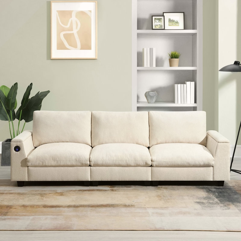 Canapé modulaire en chenille de 96 po x 35 po avec haut-parleur Bluetooth, ensemble de canapé Comfy Cloud avec table rabattable, porte-gobelets, chargeur USB et accoudoir de rangement pour salon, appartement ou bureau