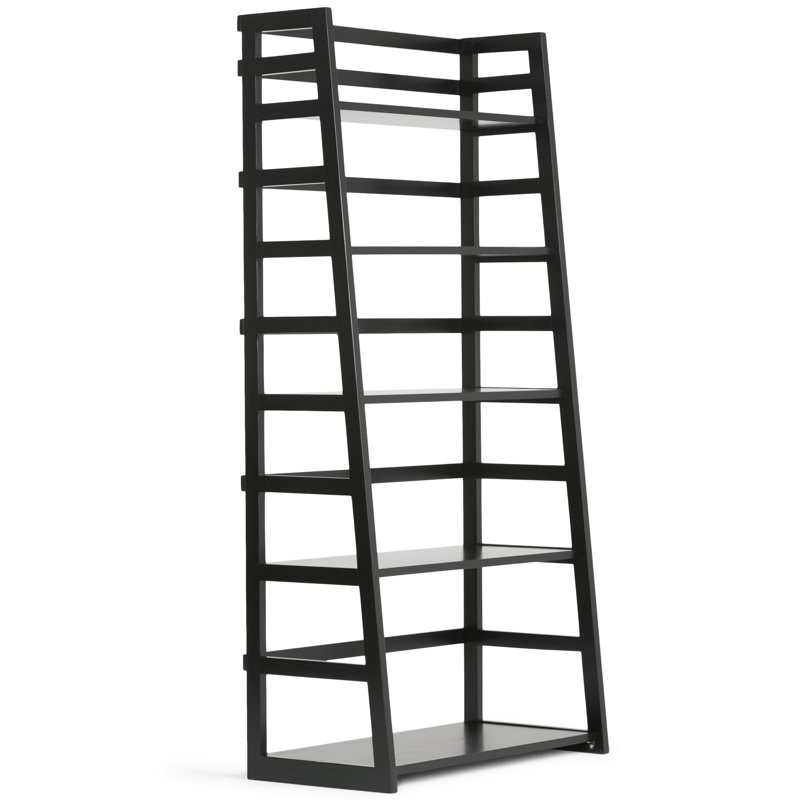 Acadian 63"H Solid Wood Transitional 5-Shelf Ladder Bookcase with Slanted Frame and Open Storage, Black
