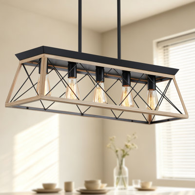 5-Light Farmhouse Chandeliers for Dining Room, Light Wood Rustic Kitchen Island Light Fixture