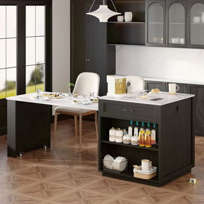 82.7 Inch Kitchen Island With Extendable Dining Table For 4-6 Person,Faux Mable Kitchen Table With Double-Sized Storage,Power Outlet,Kitchen Island With Storage 2 Drawers 2 Side Open Shelves