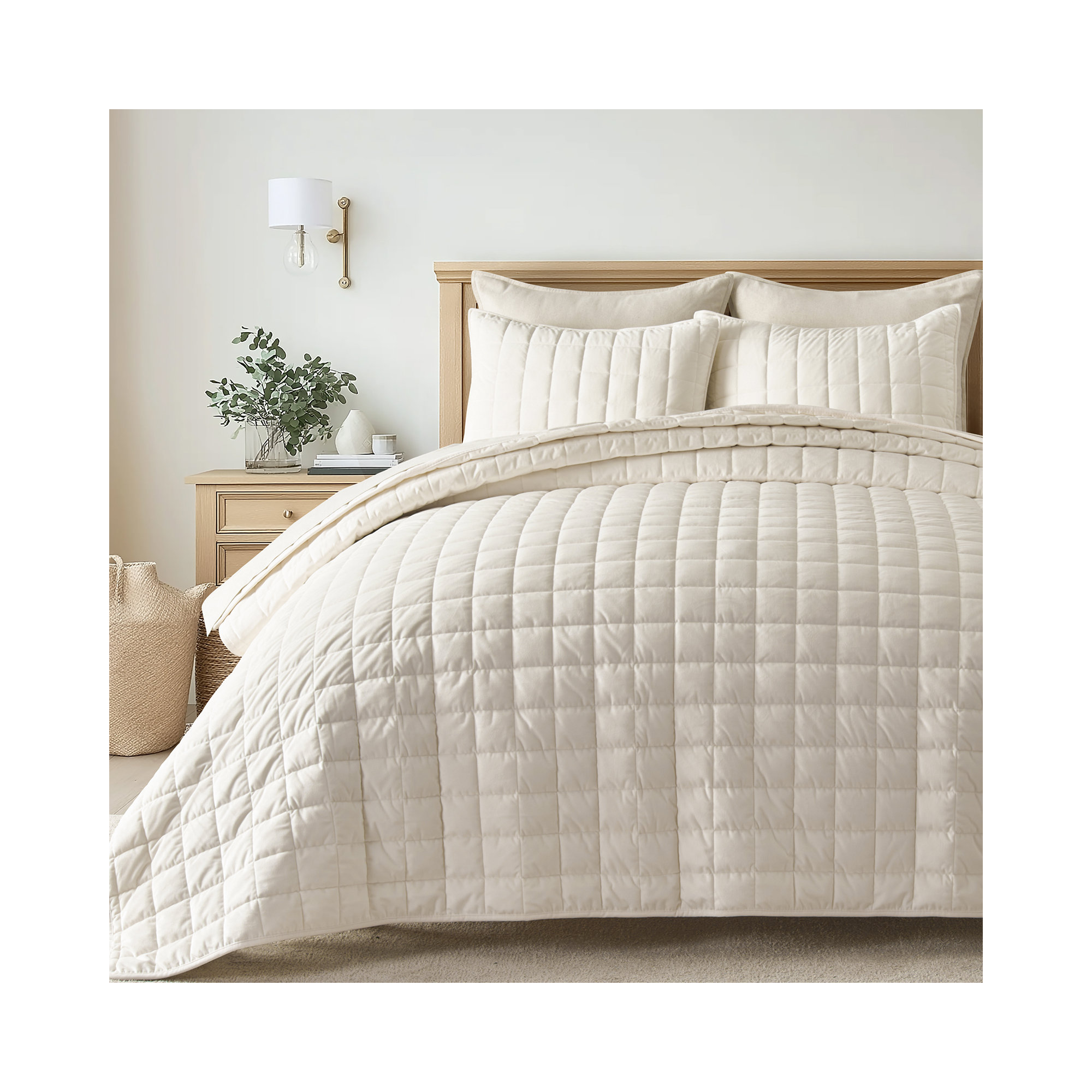 Box Stitch PearlVelvet Quilt set, Ivory White, Queen Quilt + 2 Standard Shams