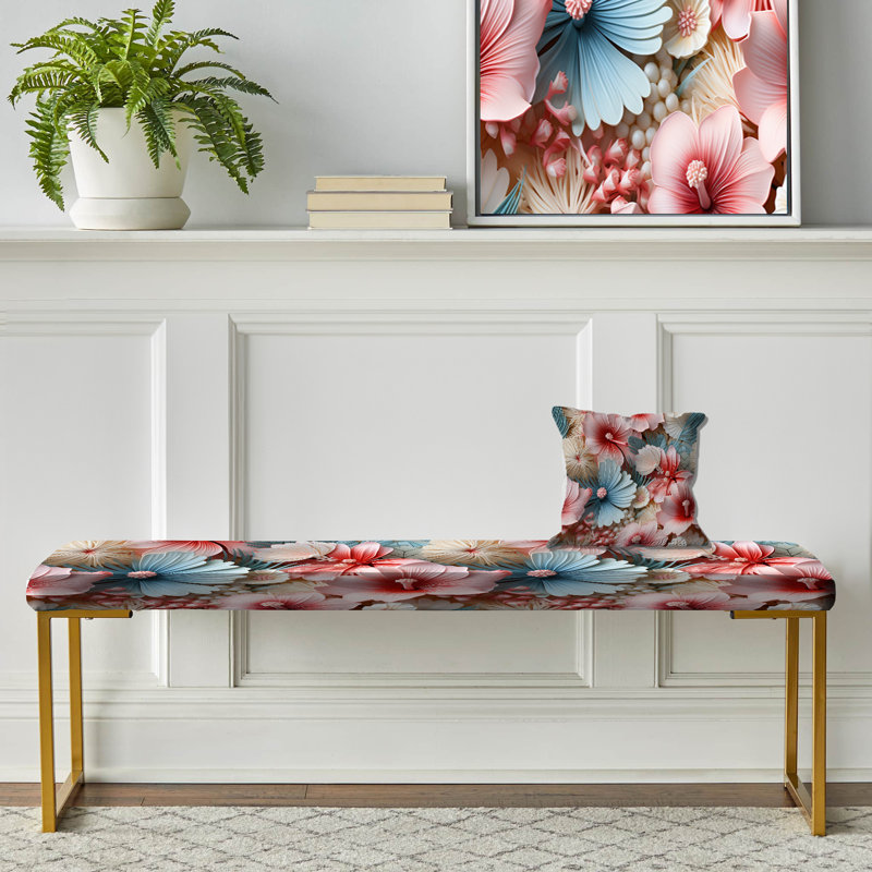 Seashell Mirage Tropical Pattern - Coastal Upholstered Gold Bench