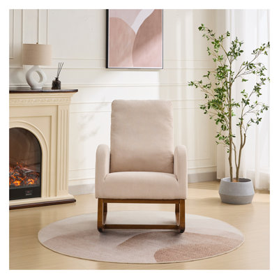 Fauteuil à bascule beige l 27,2 po, fauteuil coulissant en polyester avec dossier haut et poches latérales, pieds d'appoint en bois d'hévéa robustes pour la chambre à coucher