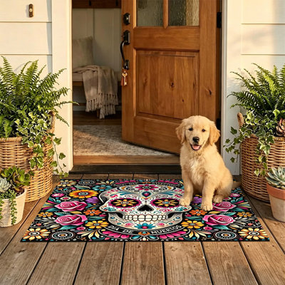  Non-Slip Indoor Outdoor Door Mat, 20"x32",sugar skull dia de muertos