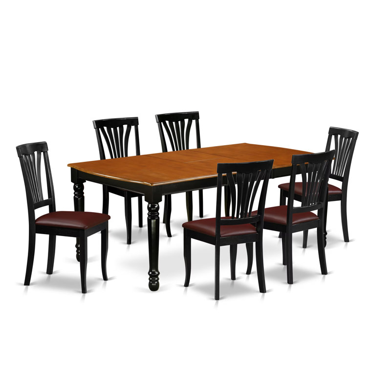 7 Piece Kitchen Table & Chairs Set Consist of a Rectangle Butterfly Leaf Dining Table and 6 Faux Leather Upholstered Chairs, 42x78 Inch, Black & Cherry