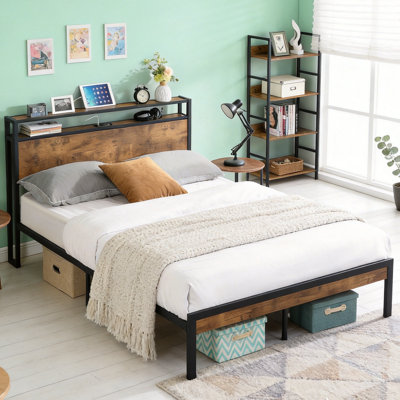 Full Size Metal Platform Bed Frame with Wooden Headboard and Footboard, Built-in USB Ports, 10-Inch Under-Bed Storage, No Box Spring Needed, Easy Assembly