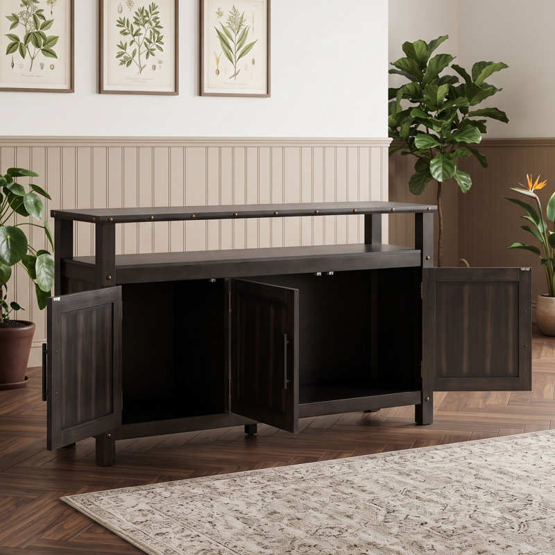 Buffet en bois à 3 portes avec tablette ouverte, pieds réglables et pied de support central, Noir
