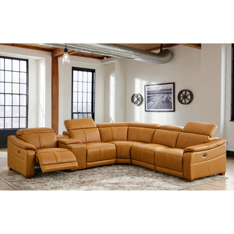 Canapé d'angle modulaire en similicuir avec sièges inclinables, appuie-tête réglables, console de rangement avec porte-gobelets, 5 places, couleur gingembre, largeur 111,69, profondeur 31,42