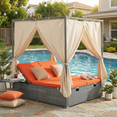 Outdoor Double Chaise Lounge Daybed with Canopy, Patio Outdoor Sunbed with Adjustable Backrest, Sturdy Steel Frame Loveseat Sofa for Backyard, Poolside
