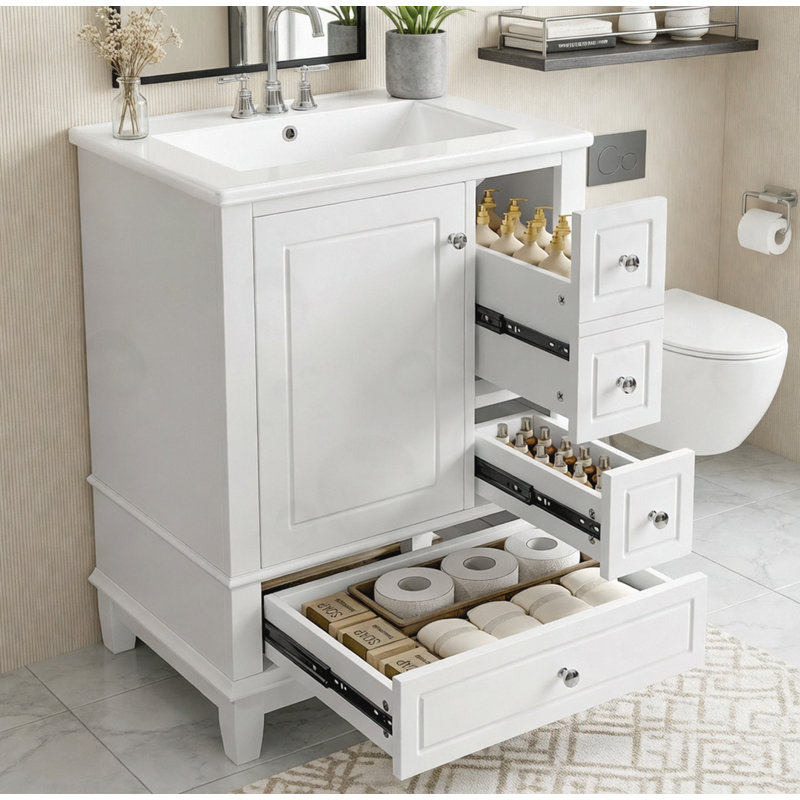 Meuble-lavabo de salle de bain avec plateau en céramique et tablettes de rangement, 24", Blanc