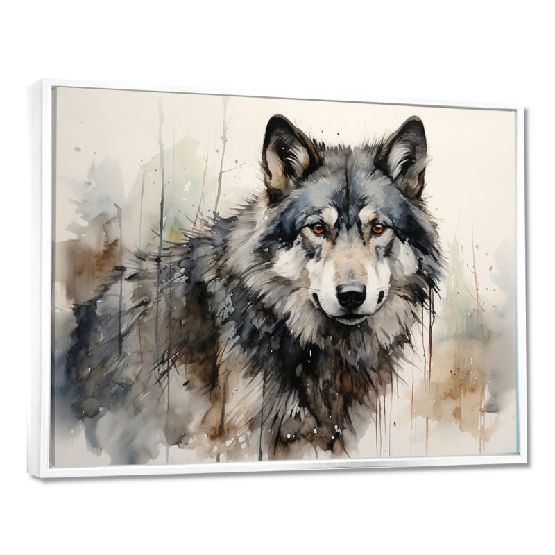 Loup solitaire - Décoration murale loup, H 30 po x l 40 po, Reproduction avec cadre flottant, Blanc