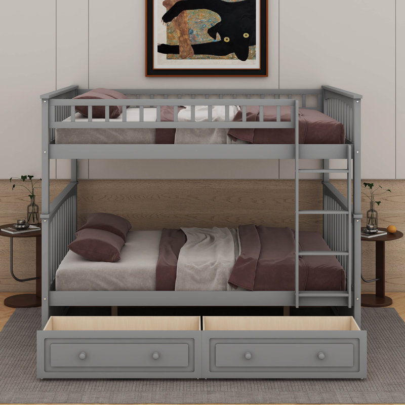 Lit double superposé au dessus d'un lit double avec tiroirs, Gris