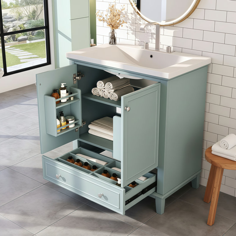 Meuble-lavabo de salle de bain en bois massif + panneau de fibres à densité moyenne avec lavabo, portes et tiroirs Rangement multifonctionnel.