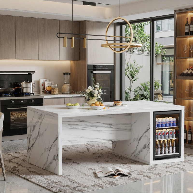 Grand îlot de cuisine de 8,7 po en imitation marbre avec espace de rangement, table d'îlot moderne avec mini-réfrigérateur pour la cuisine, la salle à manger, le bar maison, blanc