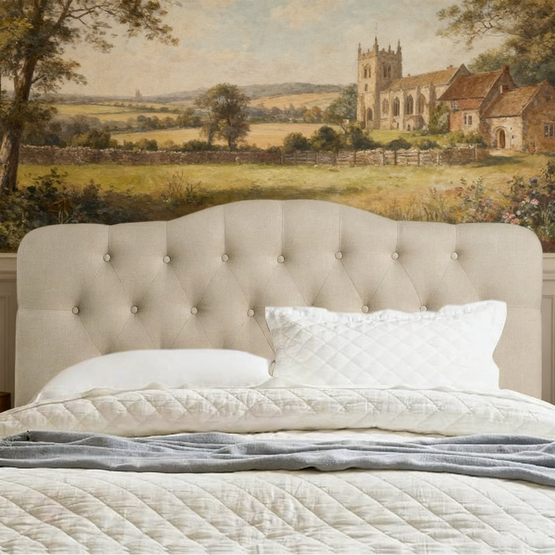  Tufted Upholstered Headboard, Solid Wood Head Board with Wood Legs, Adjustable Height Bed, Queen, Beige