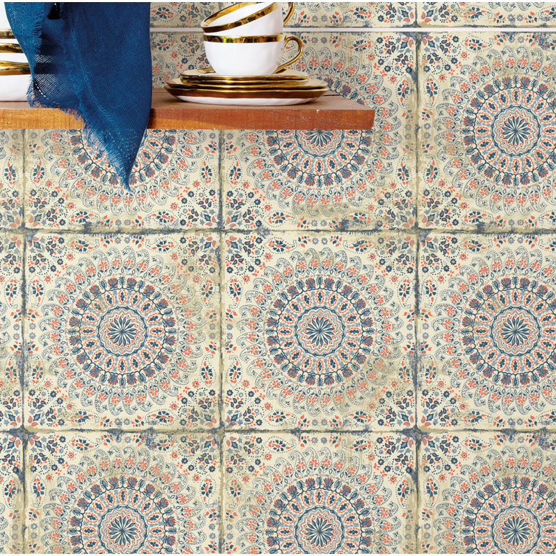 Rouleau de papier peint L 33 pi x l 20,5 po Tile, Corail / crème / bleu minuit