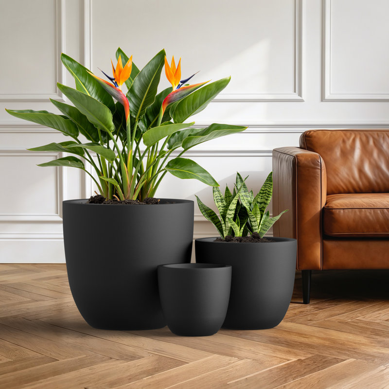 3-Piece Round Concrete Indoor/Outdoor Pot Planter Set, 17" H x 18" W x 18" D, Dark Charcoal