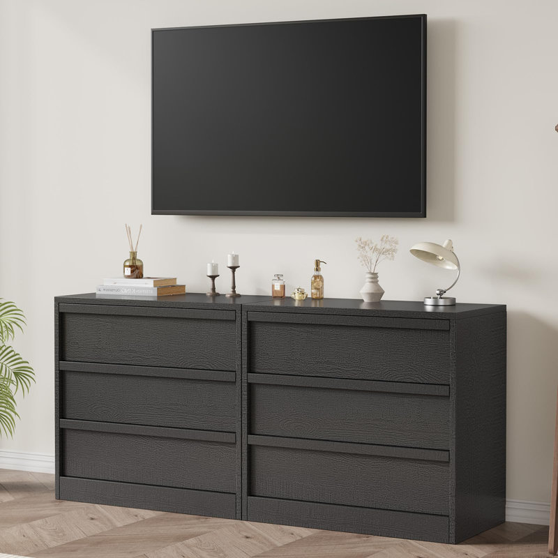 Table de chevet à 3 tiroirs grain de bois noir, commode PB avec poignées en bois, armoire de rangement anti-basculement, Noir