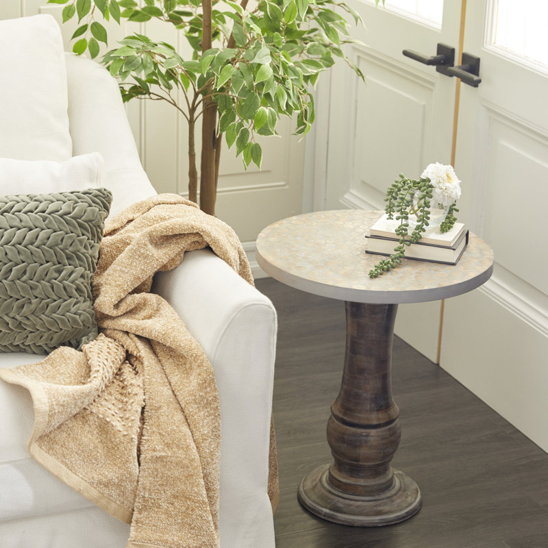 Mango Wood Handmade Turned Gray Side End Accent Table with Brown Mosaic Wood Chip Tabletop
