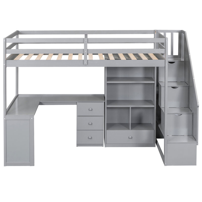 Lit mezzanine avec bureau en L et tiroirs, Gris, Lit simple