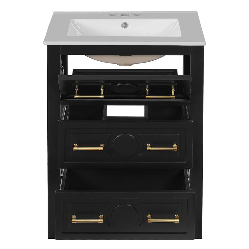 Ensemble de meuble-lavabo sur pied 24 po avec lavabo en céramique, ensemble de meuble-lavabo simple autoportant avec 3 tiroirs et cadre en bois massif