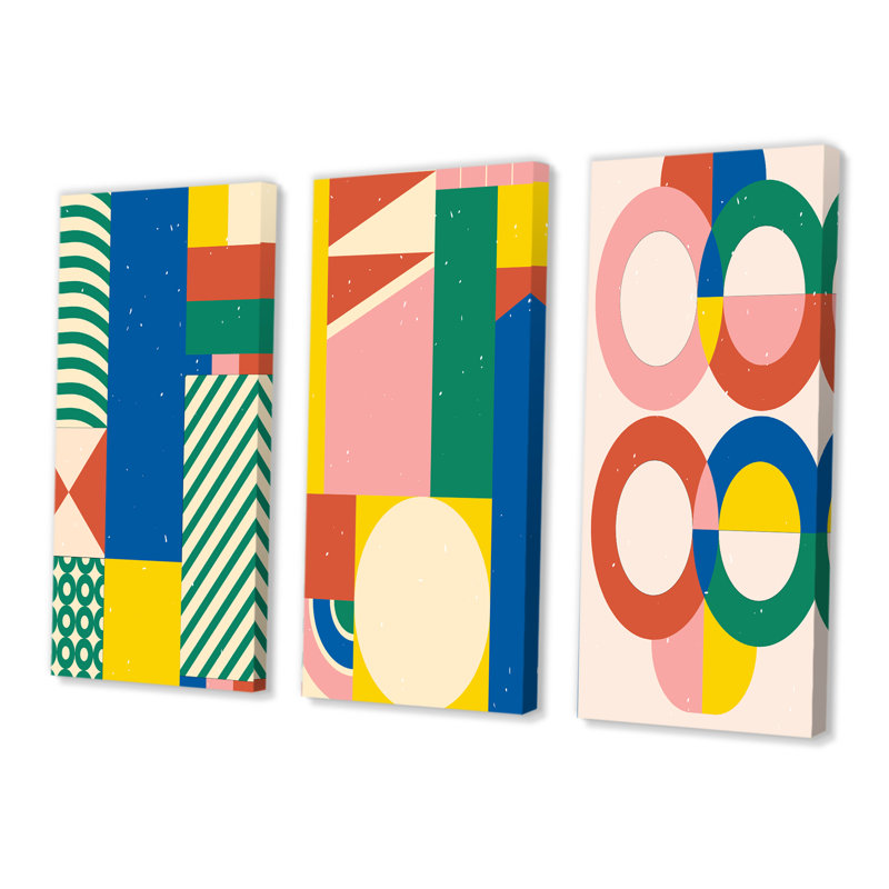«Retro Abstract Minimal Colorful Geometrics I», ensemble d'art moderne Mid-Century de 3 pièces, H 28 po x l 36 po