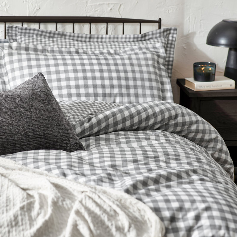 Barton Gingham Check Duvet Cover Set, King Duvet Cover + 2 Standard Pillowcases, Grey/White