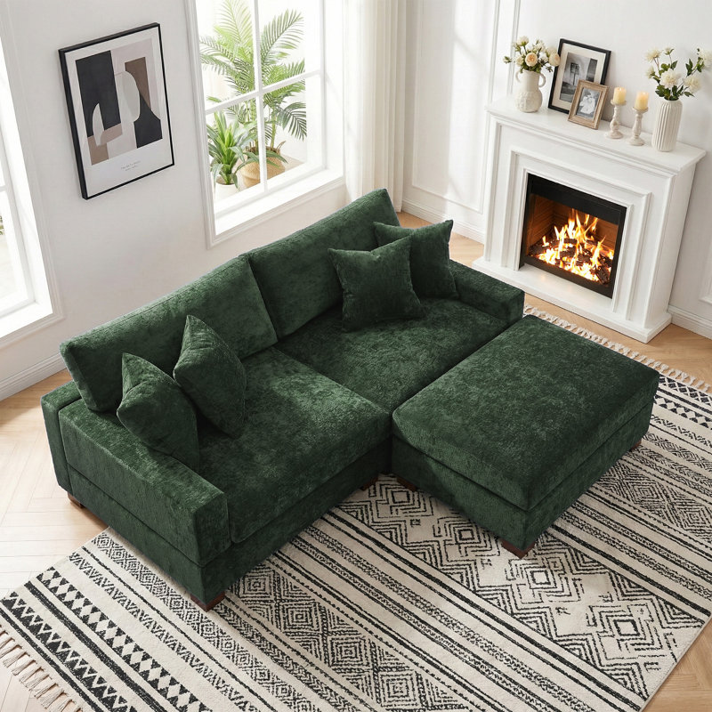Canapé modulaire rembourré 3 pièces en chenille vert avec coussins décoratifs et repose-pieds 3 pièces, Chenille verte