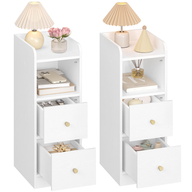 Slim Bedside Tables Set of 2, Narrow Side Table with 2 Drawers, Bedside Cabinet with Open Compartment, Adjustable Drawer Position for Bedroom, Living Room, 30 x 24 x 65 cm 