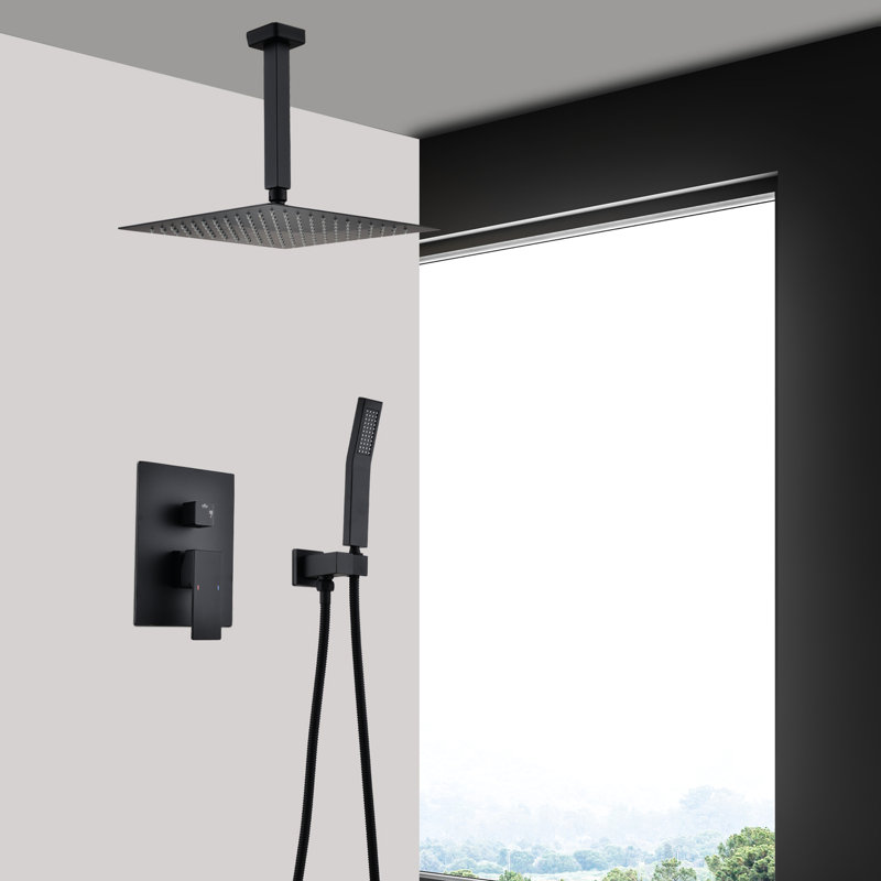 Ceiling Mounted Shower System In Matte Black Model - 10" Head & Handheld, Brass, Mimics Natural Rainfall Sensation, Self-Cleaning Nozzle, Suits American Standard Pipe Connections With Handheld Head,