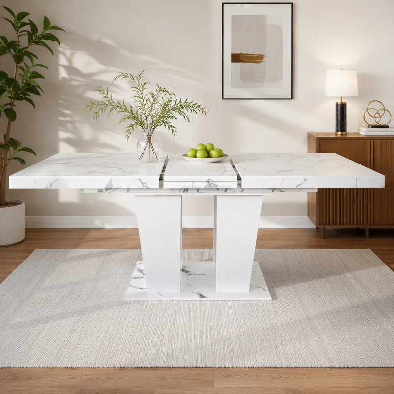 Table de salle à manger extensible pour table de cuisine extensible en bois de faux marbre blanc moderne 6-10 avec base à double colonne, grande table de salle à manger rectangulaire (table seulement)