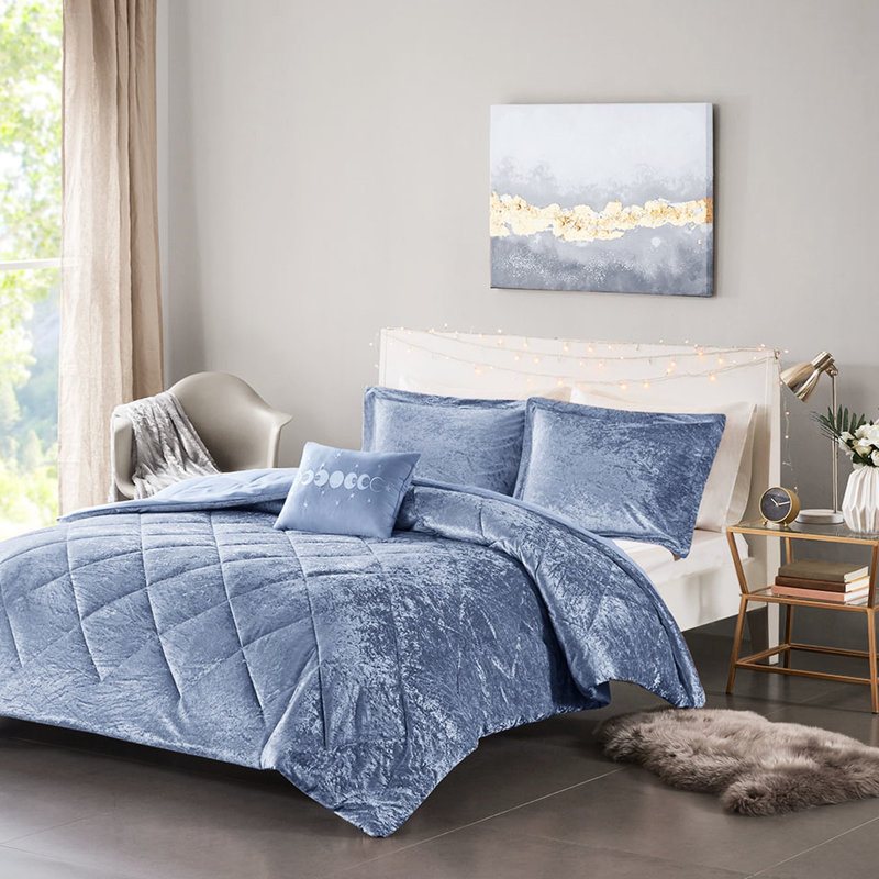 Très grand / très grand édredon en velours bleu pervenche - bourre en losanges 2 taies décoratives et 1 oreiller pour un nettoyage en douceur