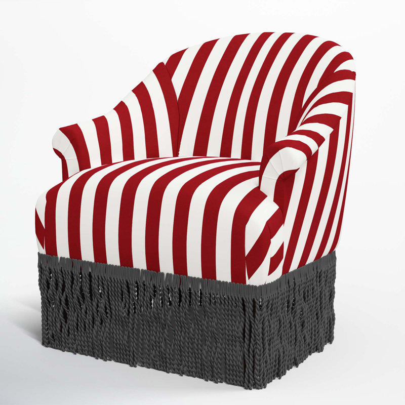 Fauteuil demi-tonneau en coton avec accoudoirs roulés encastrés et pieds en bois massif Callie, Noir, Toile rayée rouge
