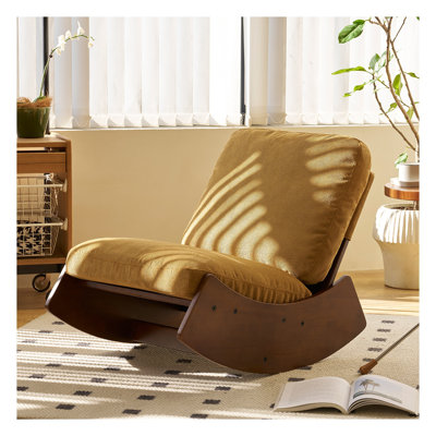 Chaise berçante Mid-Century moderne en velours côtelé - Structure en bois massif, chaise longue jaune