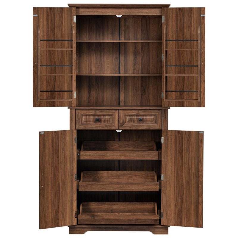 Grand garde-manger 71 po avec 3 organisateurs coulissants, armoire de rangement de cuisine autoportante avec 6 tablettes de porte et 2 tiroirs, brun