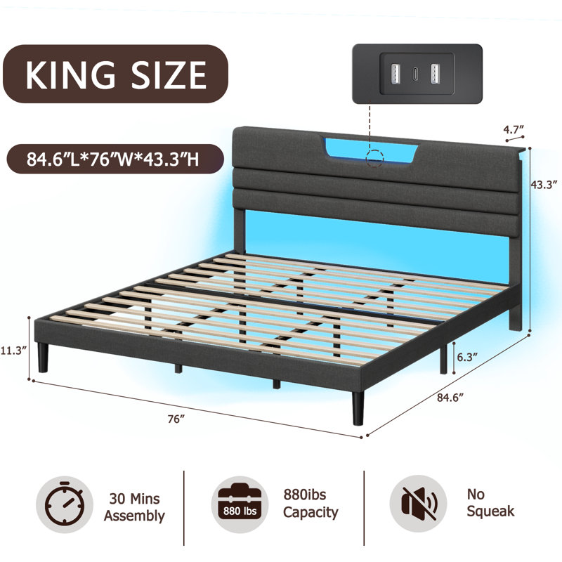 Bed Frame With Charging Station, Led Lights, Upholstered Headboard, Dark Gray, King