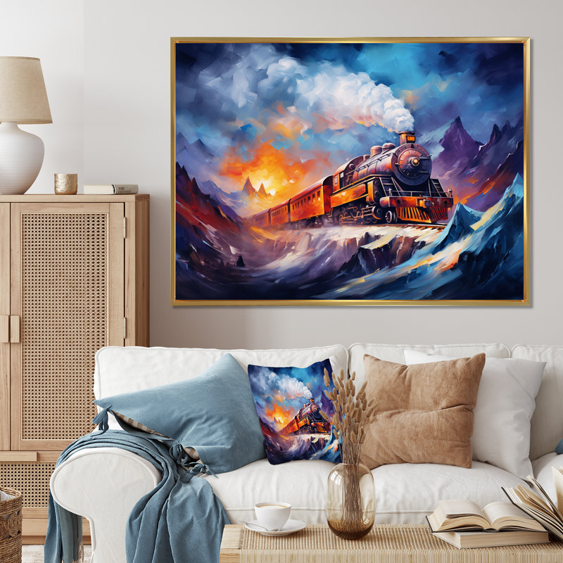 Impression sur toile, "Steamtrain Travelling In Winter Snow I", H 30 po x l 40 po x P 1,5 po, Cadre flottant doré