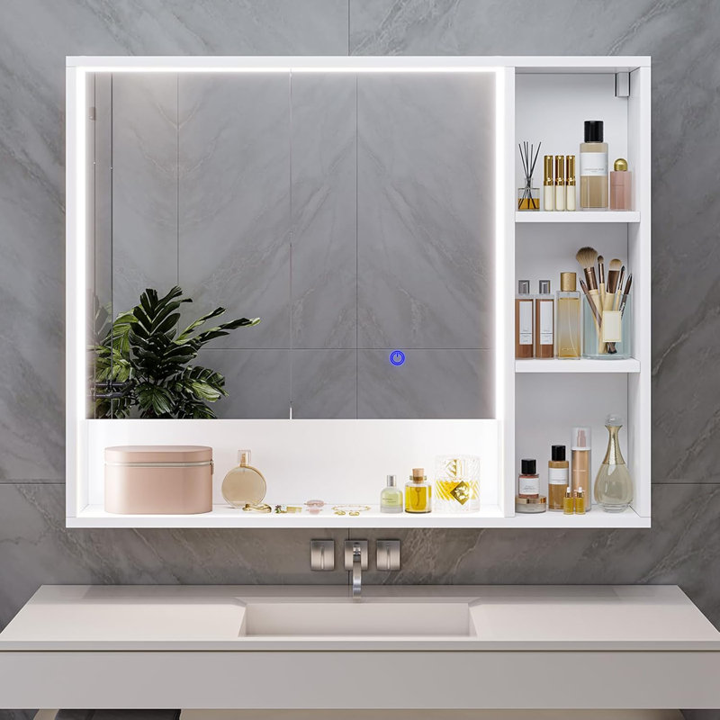 35.4''W X 30.7'H Wall-Mounted Medicine Cabinet with LED Lighting and Mirror, 2-Door Bathroom Medicine Cabinet With Adjustable Shelves And Open Storage, Aluminum Channel LED Lights