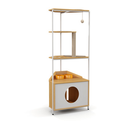 Space Cat Tower With Feeding Station & Scratching Post, - White Leg + Oak, Practical For Indoor Cats Multi-Functional Post Enjoyable