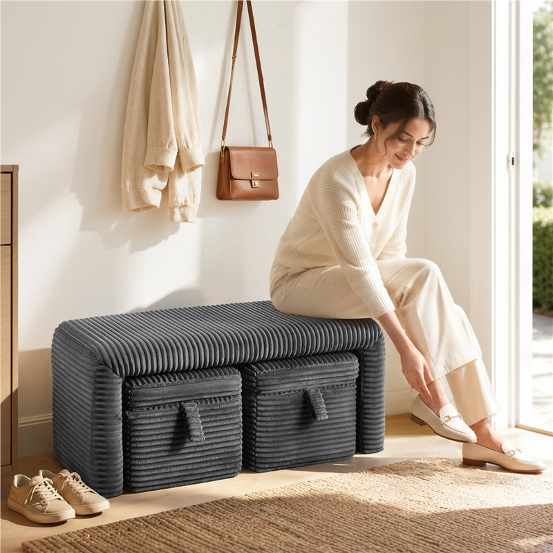3 Piece Upholstered Storage Bench Set with 2 Ottoman Stools End of Bed Bench with Storage Boxes Beige, Dark Grey