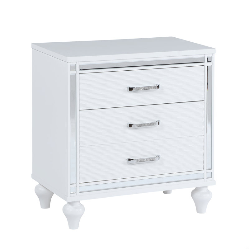Nightstands With Mirror Frame Accents, Bedside Table With Two Drawers And One Hidden Drawer, End Table With Crystal Pull