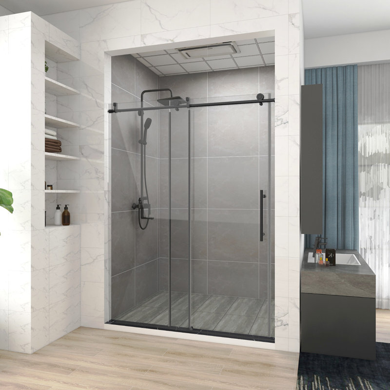 60 In. W X 76 In. H Single Sliding Frameless Shower Door/Enclosure In Matte Black Finish With Clear Glass, Matte Black