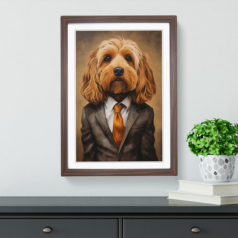 Cockapoo In A Suit Painting No.2 - Single Picture Frame Print on Wood, 64cm H x 46cm W x 2cm D, Walnut Framed