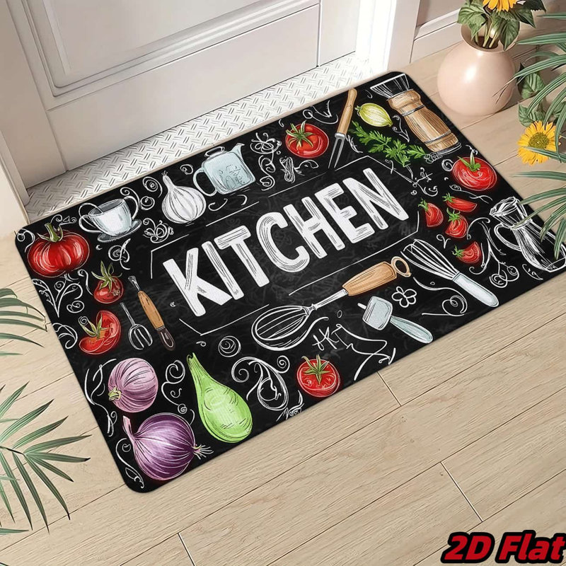 1Pc Kitchen Mat Chalkboard Design with Vegetables and Cooking Utensils Pattern Non-Slip Washable Floor for Home Decor Dining Room Restaurant Cafe Shop Entrance Hallway Decoration Housewarming Gift
