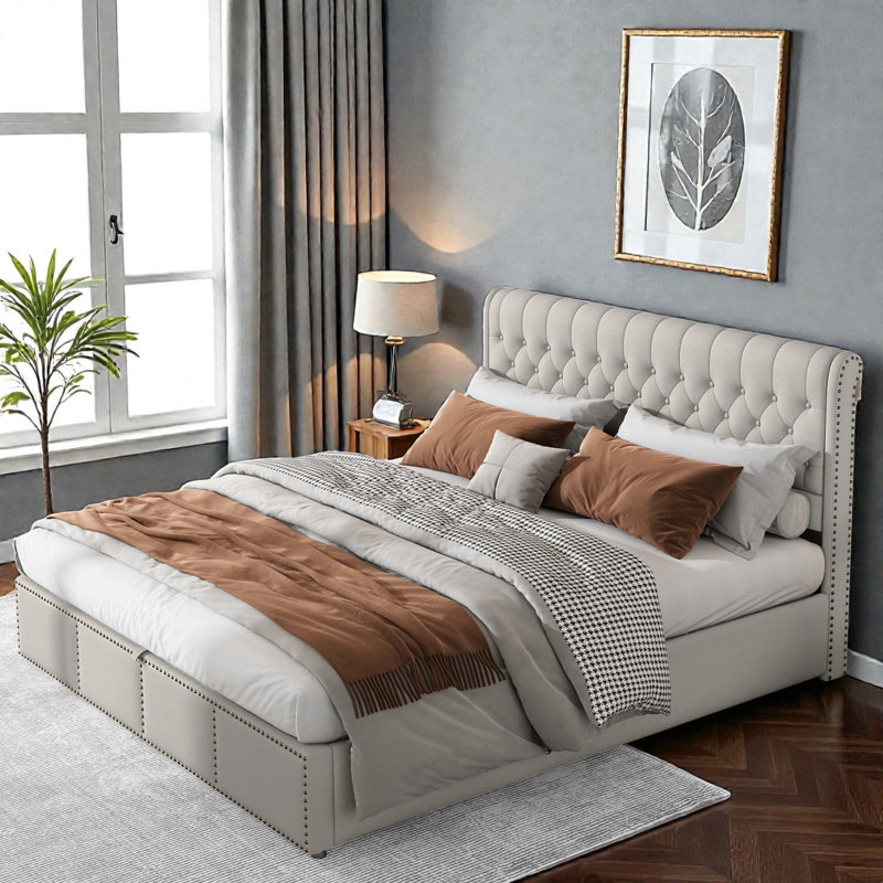 Caddo Velvet Upholstered Bed With Hydraulic Lever, Functional Storage Bed, Rivet Decoration, Double (4'6), Light Grey Linen