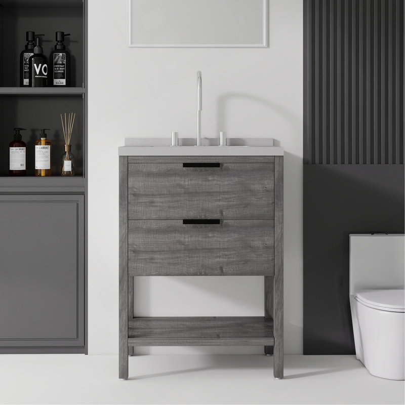 Meuble-lavabo autoportant de 61 cm avec lavabo, tiroir à fermeture amortie, comptoir et dosseret en marbre synthétique blanc granité de 5 cm, contreplaqué