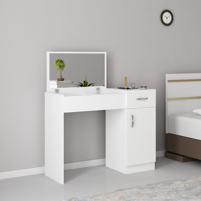 Modern Make-Up Table with Wall-Mount Option, White, 29.2 x 42.4 x 14.8 inches | 100% Melamine Coated Particle Board, Thickness: 0.7 inches | Multiple Shelves for Organized Storage, Stylish and Functional Design