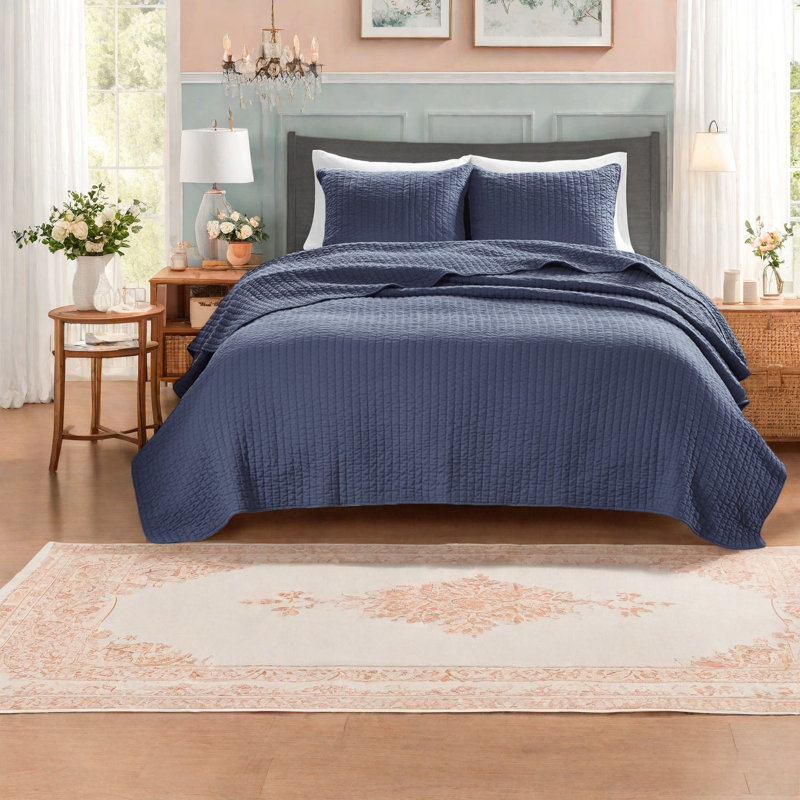 Premium Navy Reversible Bedding Sets, Polyester Microfiber, Farmhouse Style For King/cal King