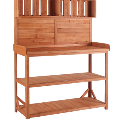 Banc de jardin rustique 65 po en bois avec 4 tablettes de rangement et crochet latéral, banc naturel 65 po, crochet pour activités de plein air